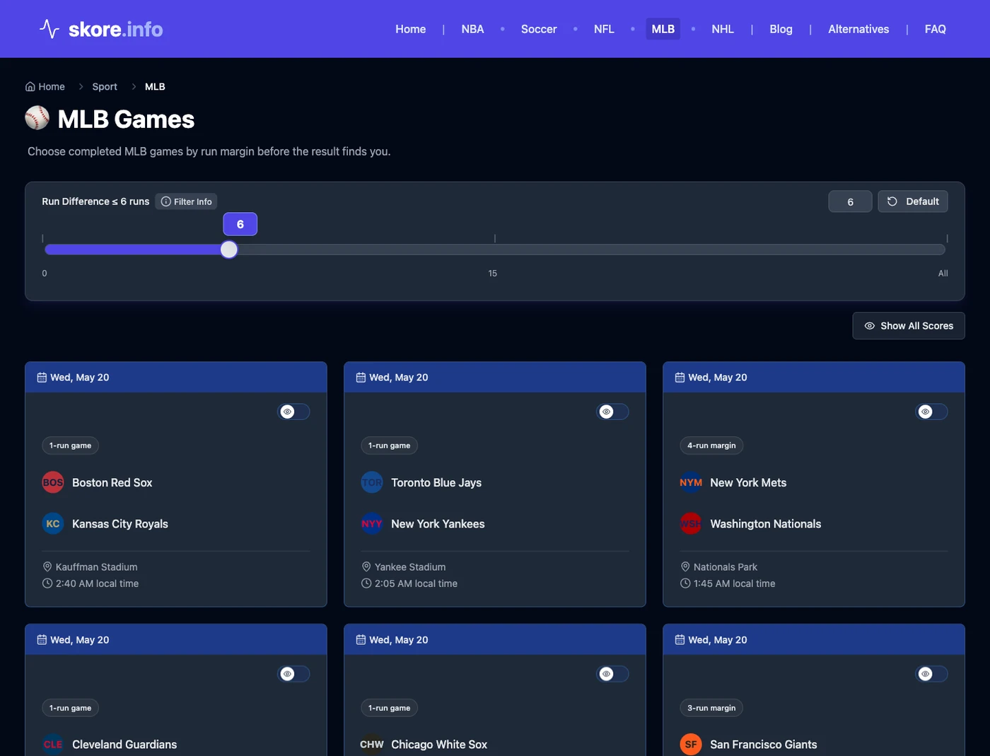 The live MLB page on skore.info showing spoiler-safe completed games and a run-difference filter.