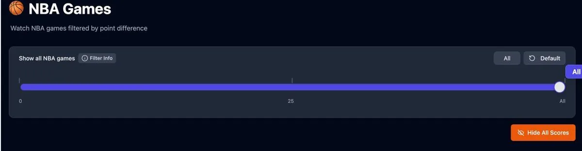 The NBA filter controls showing the broader point-difference range for widening the search without opening spoilers.