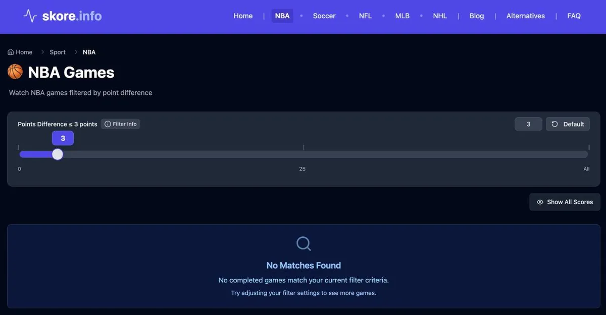 The NBA page showing a spoiler-safe empty state for a very tight point-difference filter.